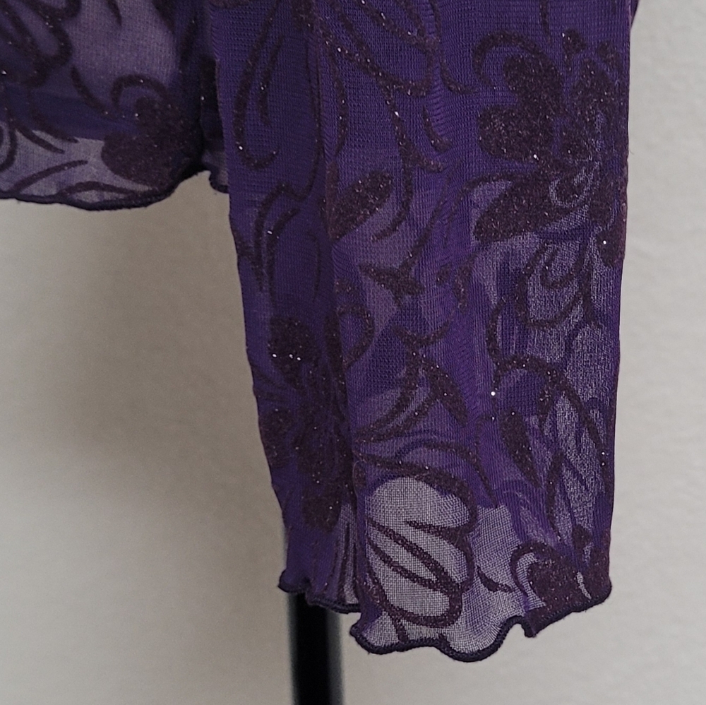 Goth Vintage 90s Sheer Purple Silver Metallic Floral Velvet Tie Front Cardigan L - Picture 7 of 11